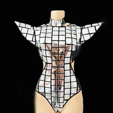 Silver Rave Hero Suit front view on model showing reflective fabric and shoulder pads | Ravers Co