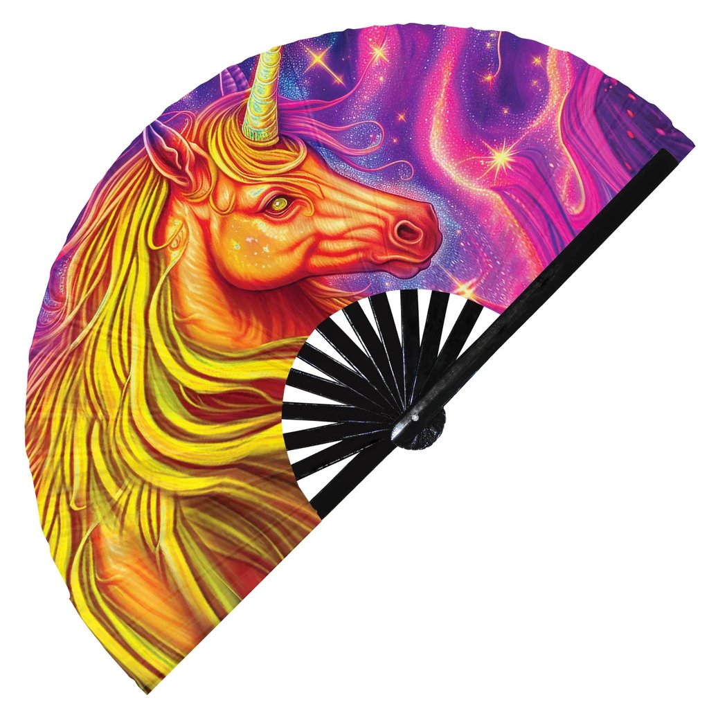Solar Unicorn Rave Fan - vibrant fiery unicorn print on a bamboo frame | Ravers Co