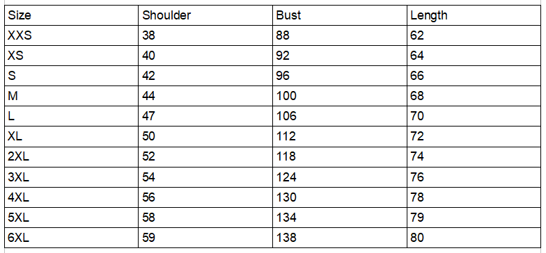 Size chart for the galactic mystical creatures shirt