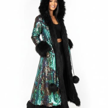 Mermaid Sequin Fur Coat - model wearing right side view | Ravers Co