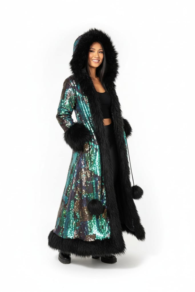 Mermaid Sequin Fur Coat - model wearing right side view | Ravers Co