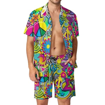 Peace Love Festival Suit - man wearing trippy colourful shirt and shorts set | Ravers Co