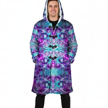 Cosmic Kaleidoscope Rave Cloak front view with hood down | Ravers Co