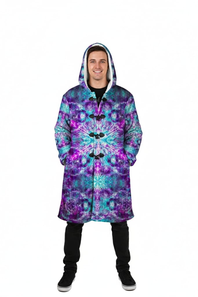 Cosmic Kaleidoscope Rave Cloak front view with hood down | Ravers Co