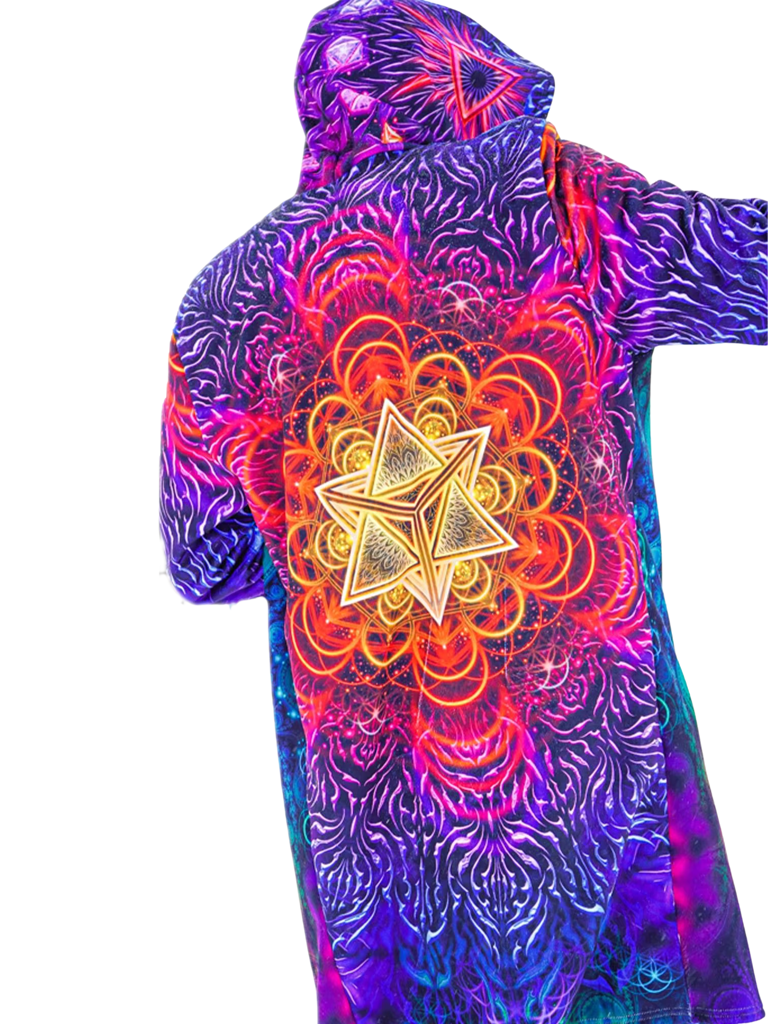 Sacred Merkabah Psychedelic Festival Cloak - back view with large fleece-lined hood | Ravers Co