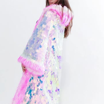 Venus Pink LED Sequin Fur Cloak - model posing in a festival setting | Ravers Co