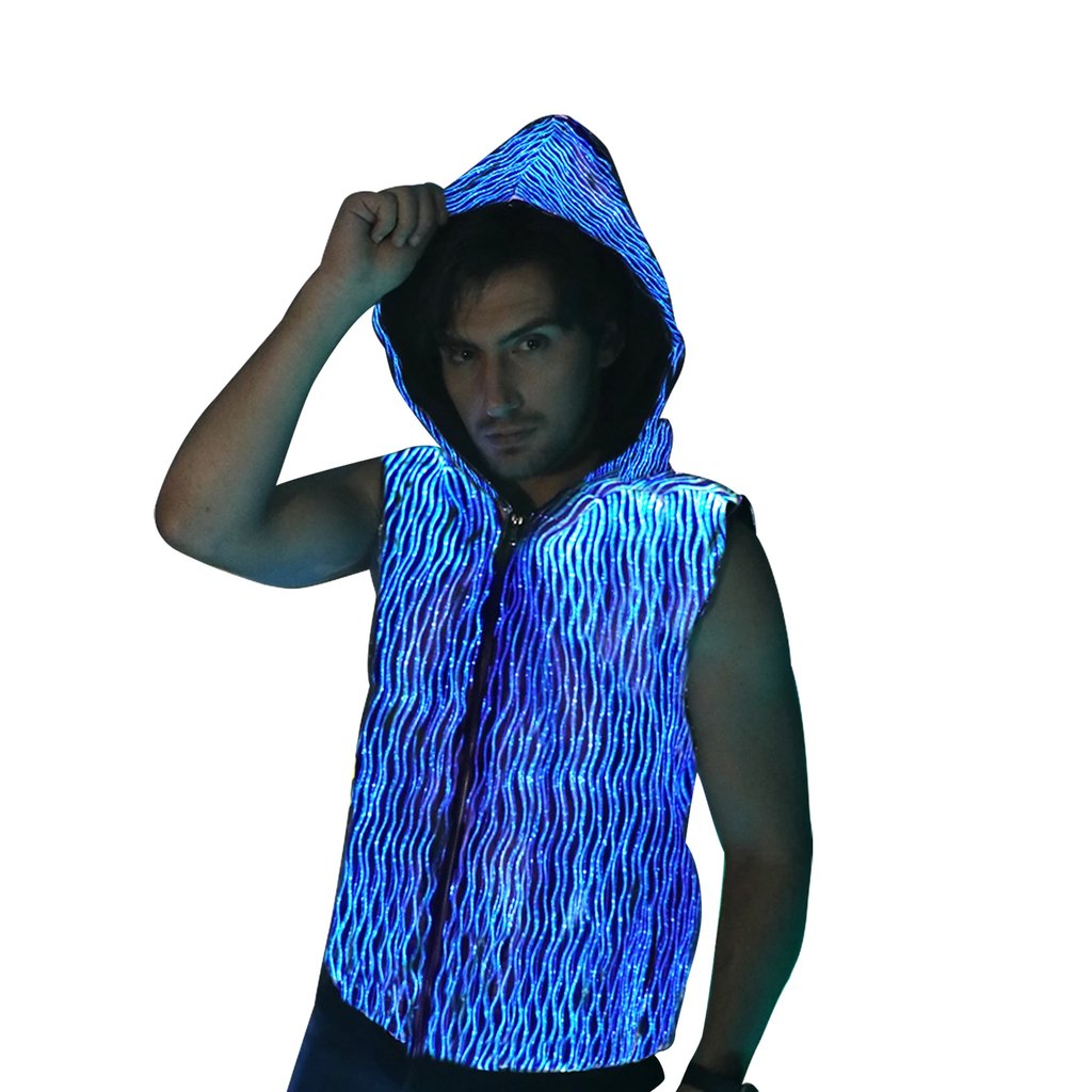 Fibre Optic Sleeveless Hoodie - Black fabric with glowing blue lights on a model | Ravers Co