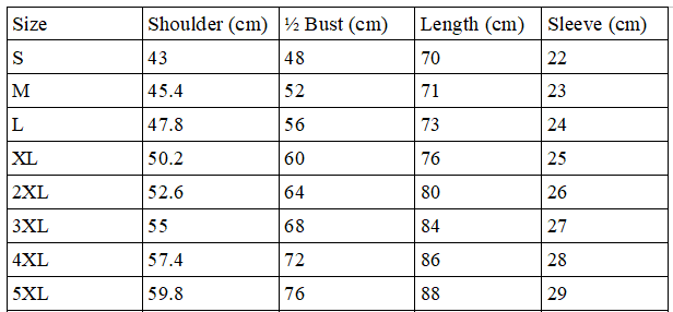 Size chart fot Techno T-Shirt