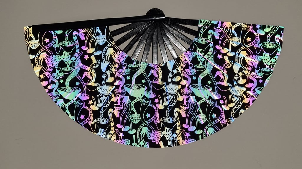 Iridescent Mushroom Rave Hand Fan showing trippy pattern | Ravers Co