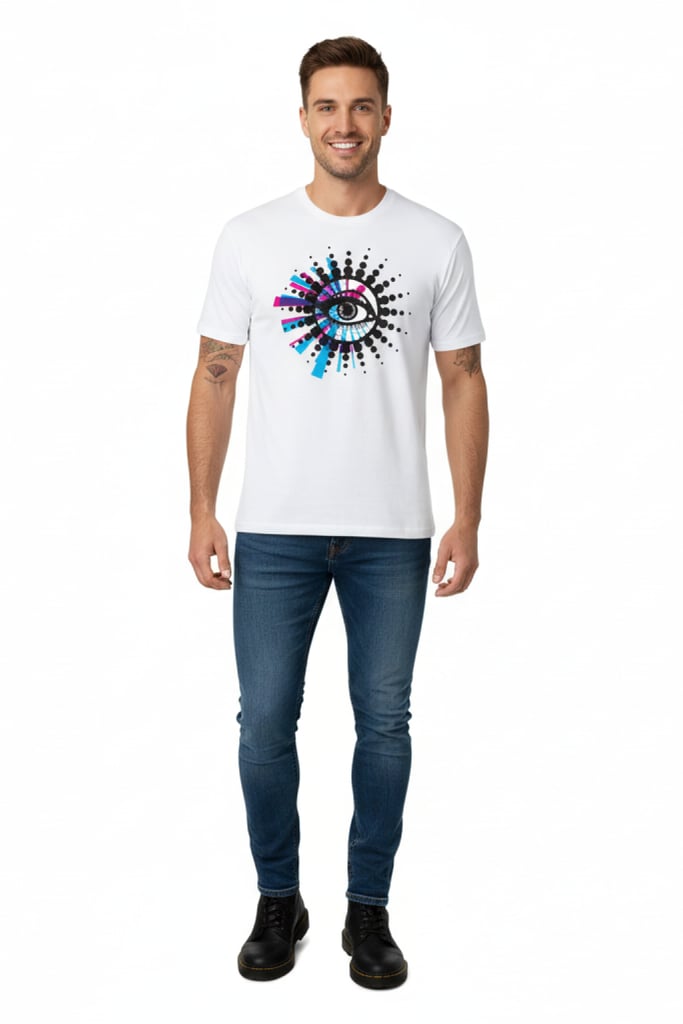 Trippy Eyeball T-Shirt in Black - Front view with psychedelic graphic | Ravers Co