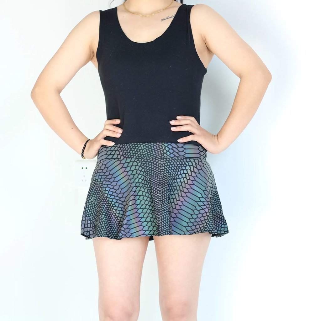 Reflective Rainbow Snakeskin Skirt - front view on model | Ravers Co