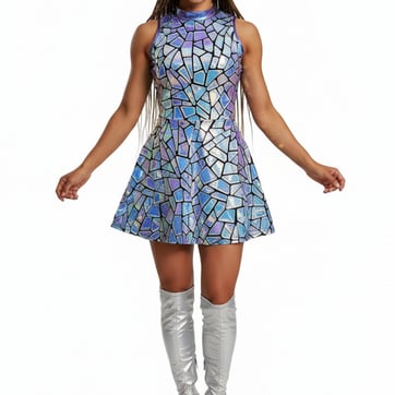 Blue Laser Mirror Dress front view on model showing reflective triangle sequins | Ravers Co