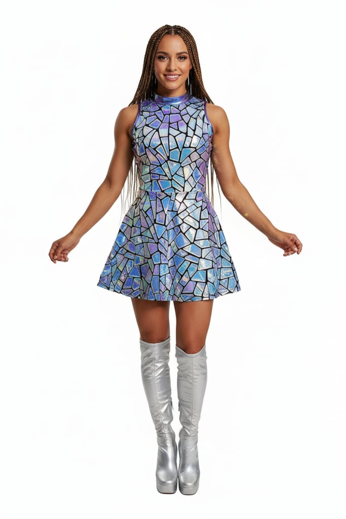 Blue Laser Mirror Dress front view on model showing reflective triangle sequins | Ravers Co