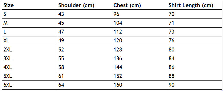 Bufo Shirt Size Chart