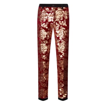 Men's Gold Red Sequin Velvet Pants - angled front view | Ravers Co