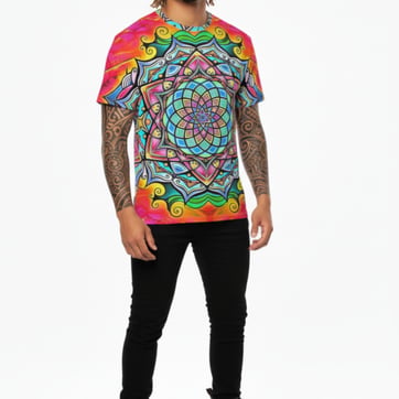 Psy Art Rainbow T-Shirt - front view with psychedelic mandala print | Ravers Co