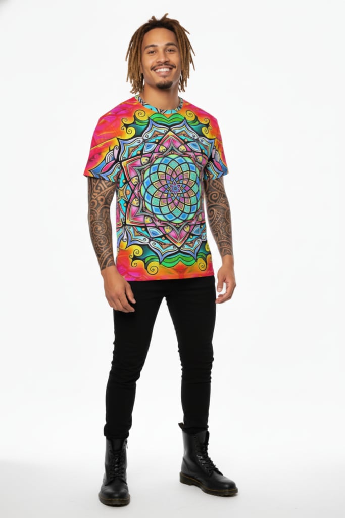 Psy Art Rainbow T-Shirt - front view with psychedelic mandala print | Ravers Co