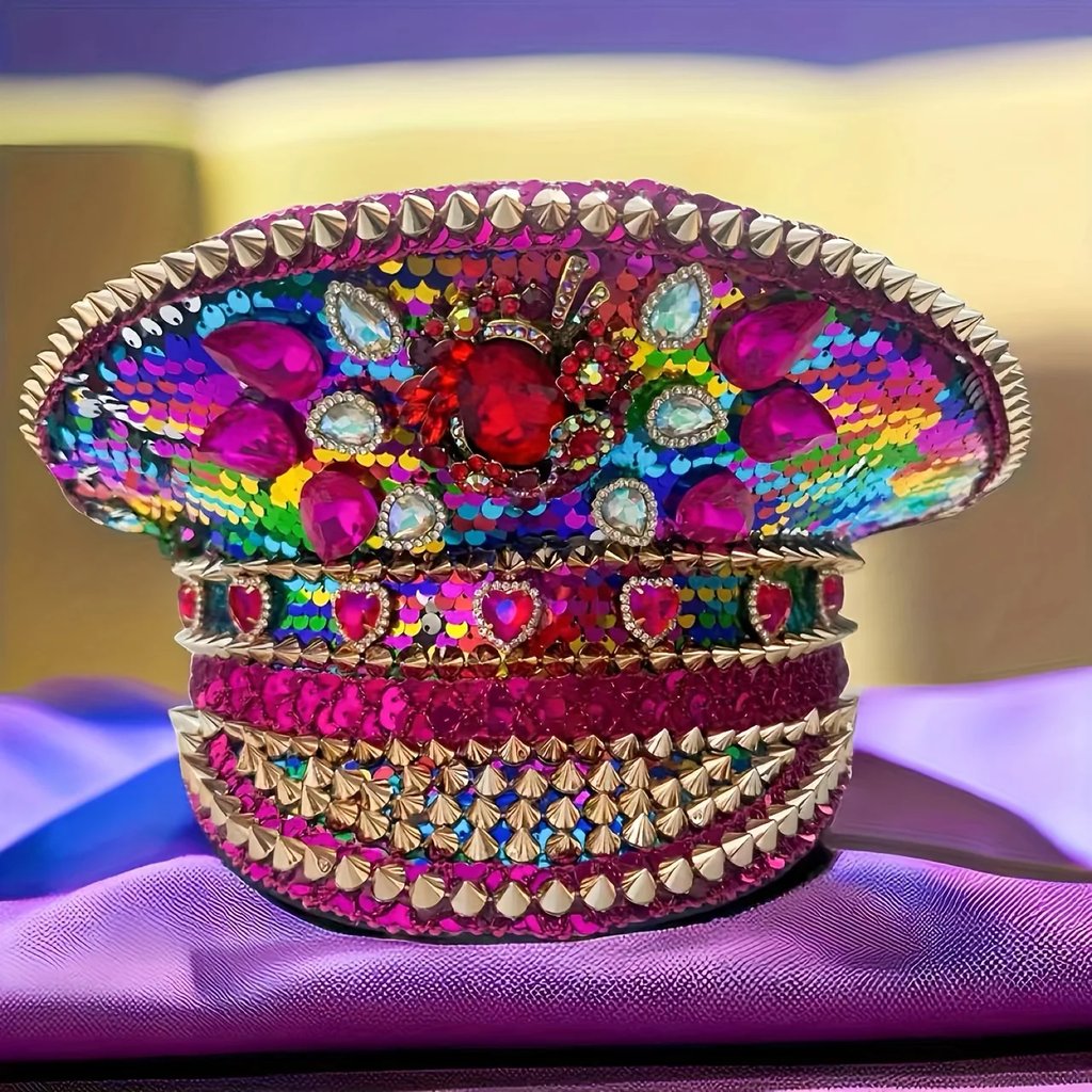 Pink Stud Captain Hat - front view with sequins and rhinestones | Ravers Co