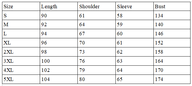 Size chart for peyote vision rave cloak
