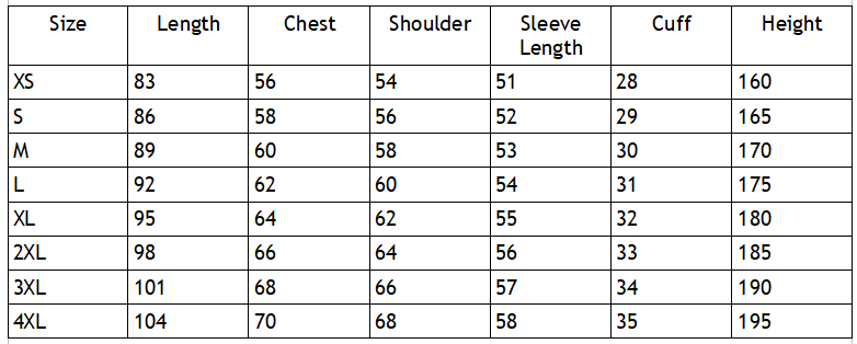 Size chart for the trippy rave kimono