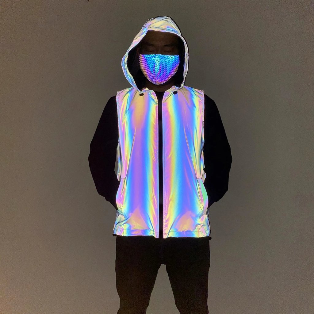 Reflective Hooded Rave Vest for men in black, front view | Ravers Co