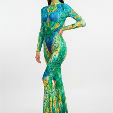 Psychedelic Peacock Flared Bodysuit — front view