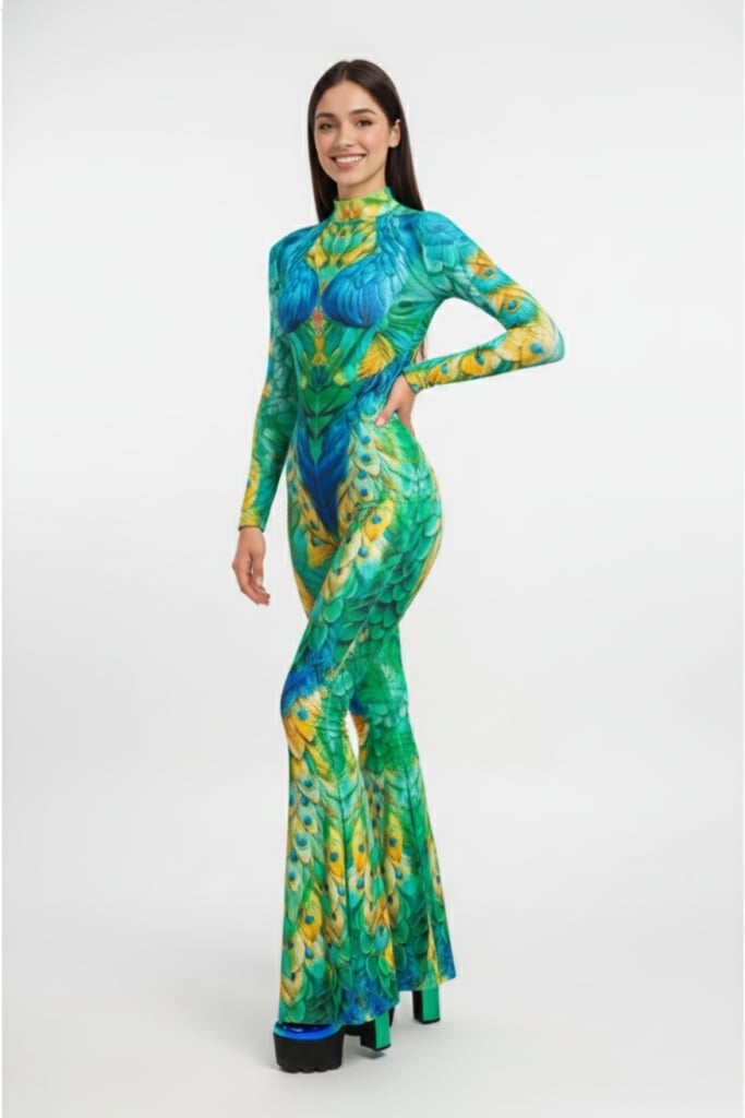 Psychedelic Peacock Flared Bodysuit — front view