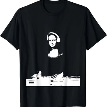 DJ Mona T-Shirt in black cotton showing the Mona Lisa wearing headphones on DJ decks | Ravers Co