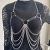 Chain & Leather Chest Harness on a mannequin showing the front view with stainless steel chains | Ravers Co