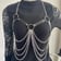 Chain & Leather Chest Harness on a mannequin showing the front view with stainless steel chains | Ravers Co