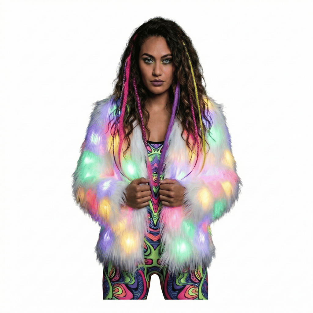 LED Faux Fur Coat - Model wearing glowing white coat against a dark background | Ravers Co