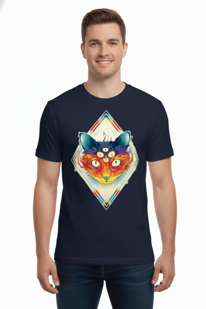 All Seeing Cat T-Shirt - trippy graphic on black cotton | Ravers Co