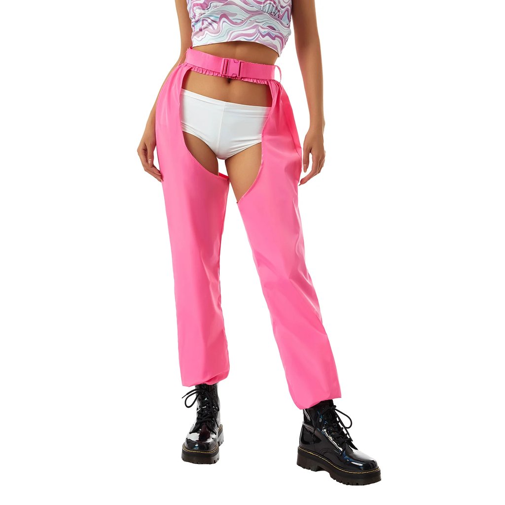 Loose Fit Rave Chaps in Black - front view on model | Ravers Co