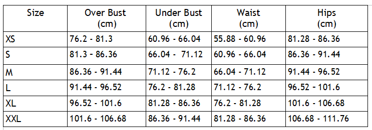 Size Chart for the purple bones rave set