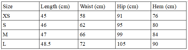 Size chart for reflective lace up rave skirt