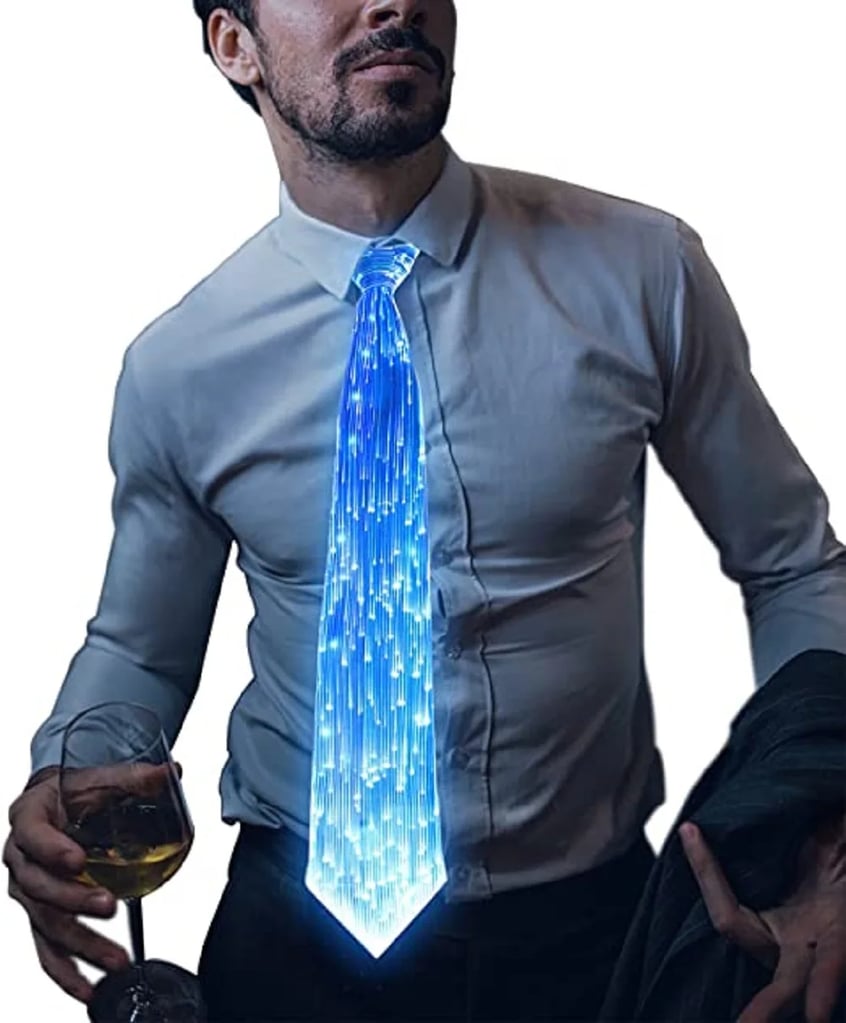 Fibre Optic Neck Tie in white fabric shown glowing blue | Ravers Co