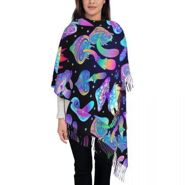 Mushroom Print Pashmina Shawl laid flat showing full psychedelic pattern | Ravers Co