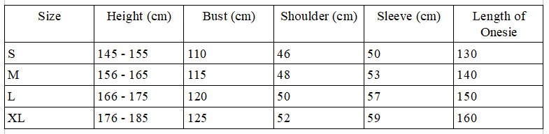 Size chart for unicorn onesie