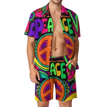 Make Peace Festival Suit - trippy colourful print shirt and shorts set on model | Ravers Co