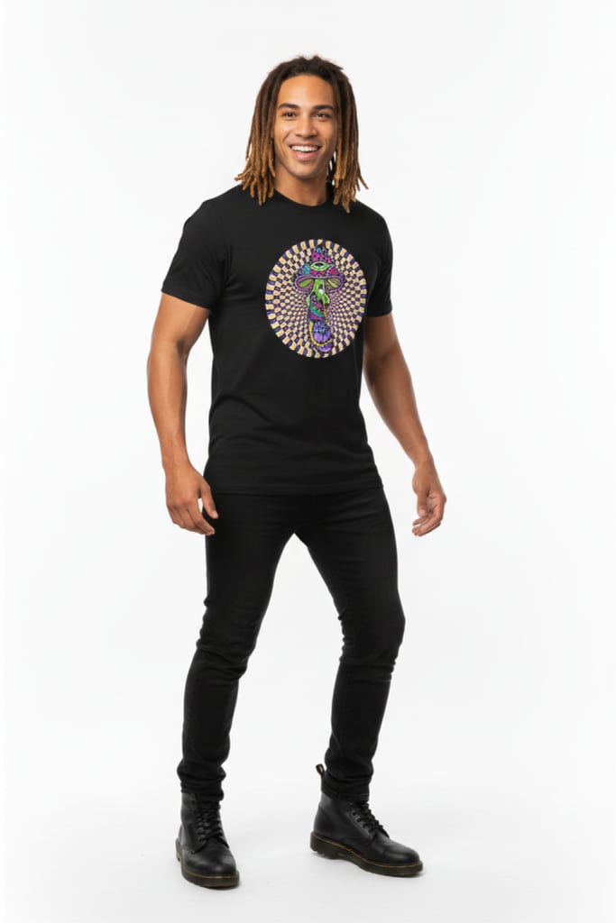 Hypnotic Mushroom T-Shirt - front view with trippy psy art graphic | Ravers Co