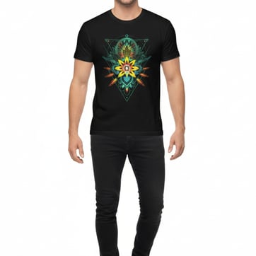 Lotus Mandala Black T-Shirt — Normal Lighting front view