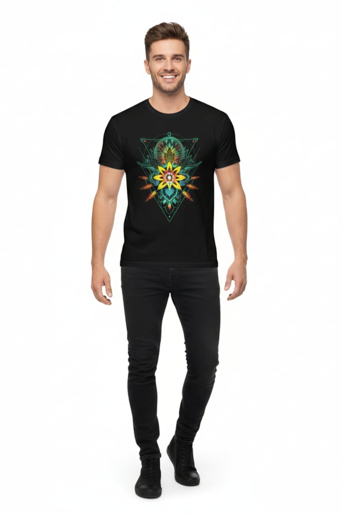 Lotus Mandala Black T-Shirt - Detailed front view of geometric print | Ravers Co