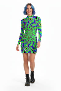 Eyelien Alien Rave Dress with psychedelic eye print - front view | Ravers Co