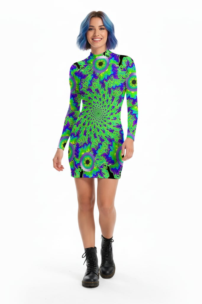 Eyelien Alien Rave Dress with psychedelic eye print - front view | Ravers Co
