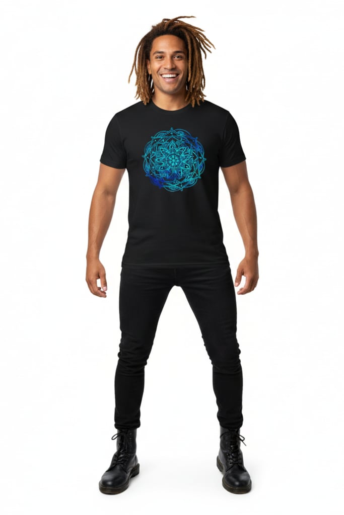 Front view of the black Mandala Lotus T-Shirt with vibrant print | Ravers Co