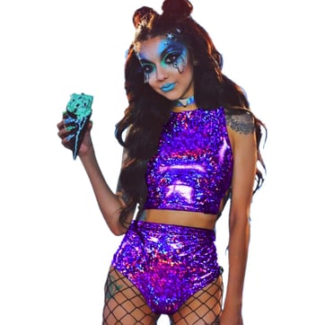 Holographic Rave Set in Silver - Full outfit view on model | Ravers Co