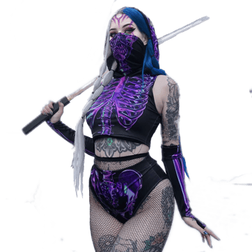 Purple Bones Rave Set - Model in full 3-piece outfit with sword | Ravers Co