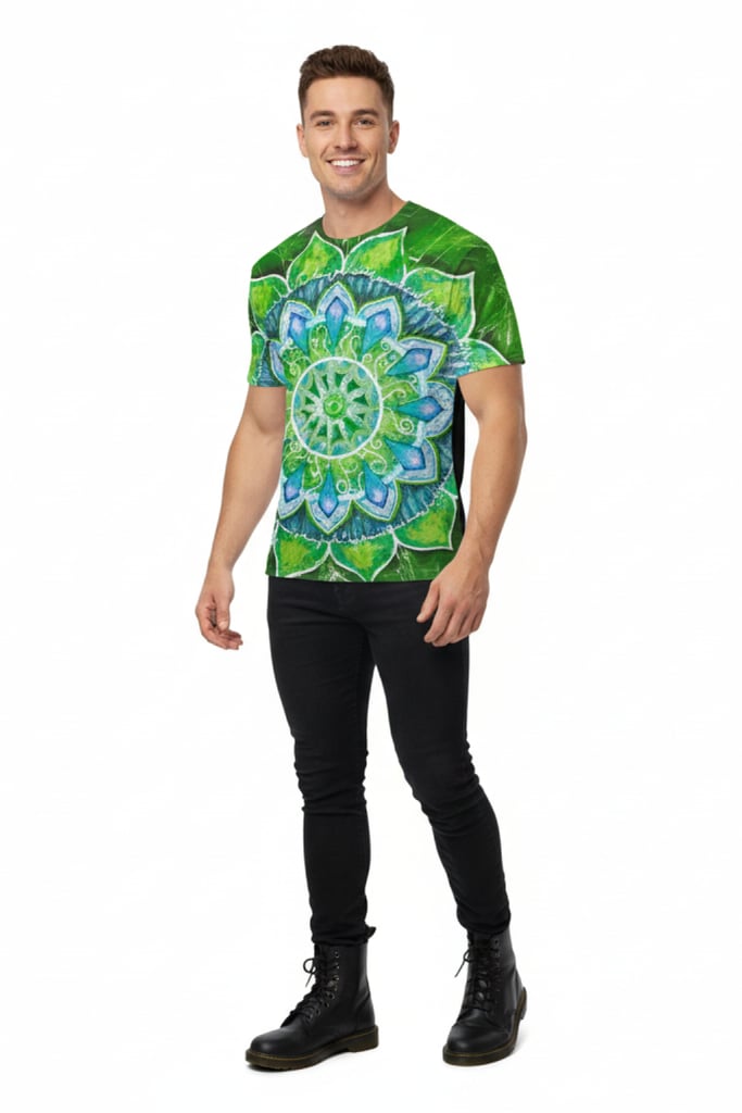 Psy Art Forest T-Shirt - right side view on model showing sleeve detail | Ravers Co