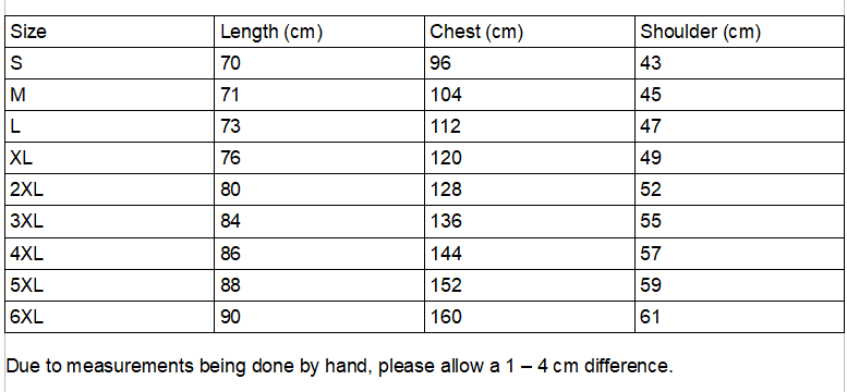 Size chart for trippy eyeball t-shirt