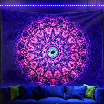 Psychedelic Mandala Glowing Tapestry on wall from side angle | Ravers Co